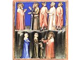 Hosea with the five kings: Uzziah, Jotham, Ahaz, Hezekiah and Jeroboam, and with his wife, Gomer - from a 14th century illuminated Bible